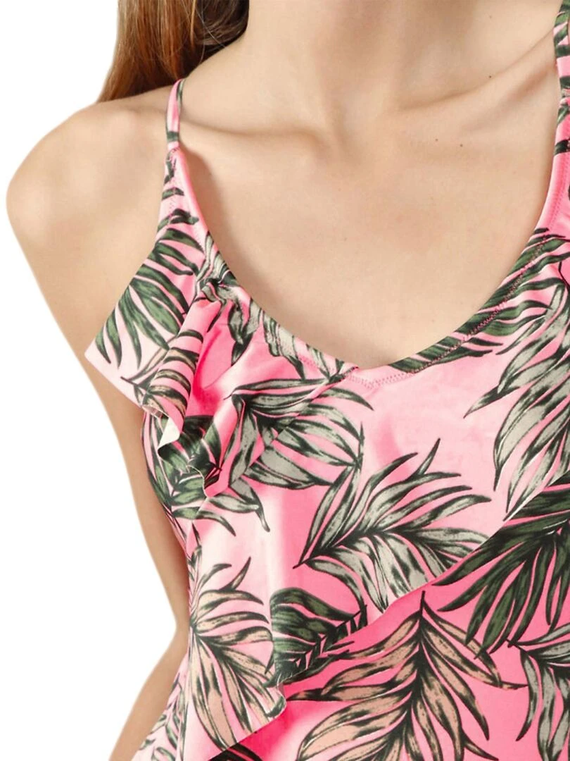 Maillot de bain 1 pièce non armaturé à volants Fluor Leaves rose   Rose