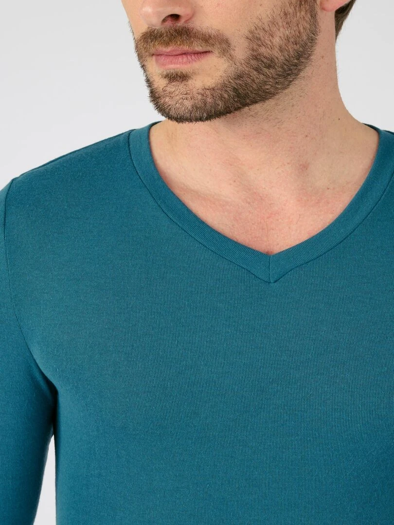 T shirt col V manches longues fine côte Thermolactyl Sensitive Damart Bleu pétrole