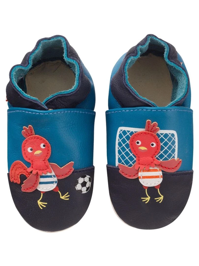 Chaussons bébé cuir souple Jean et Jeanne jouent au foot Bleu Bleu
