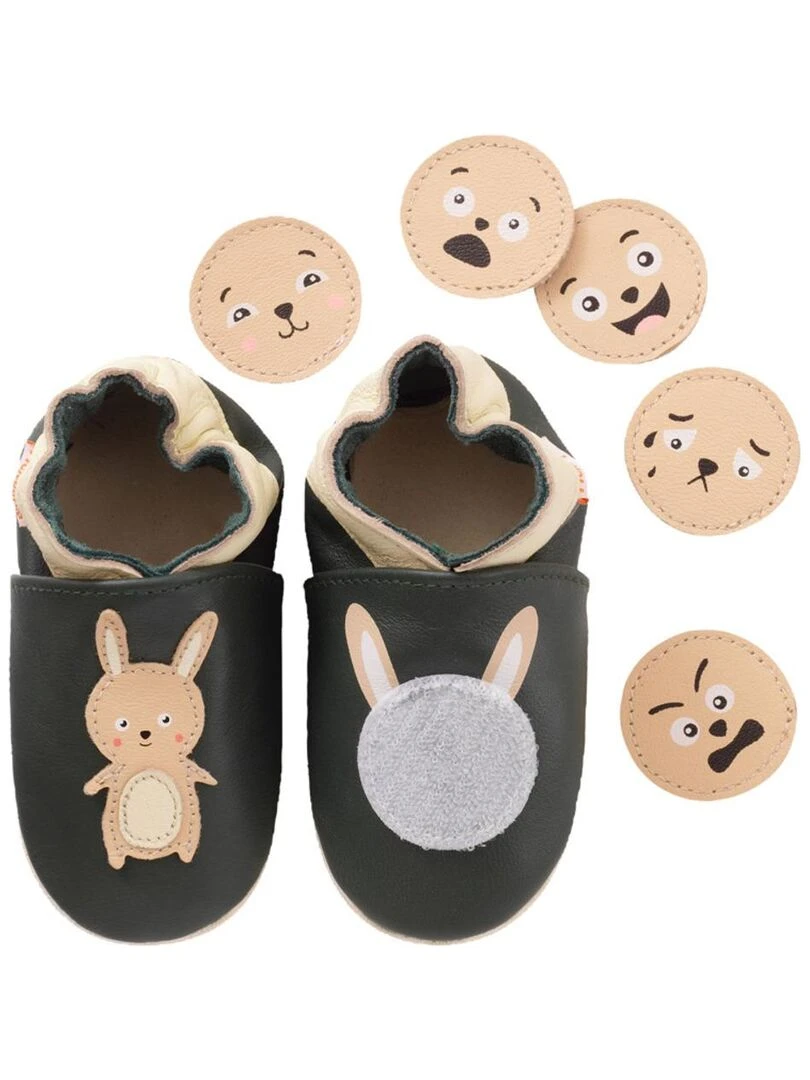 Chaussons bébé cuir souple à émotions lapin Vert