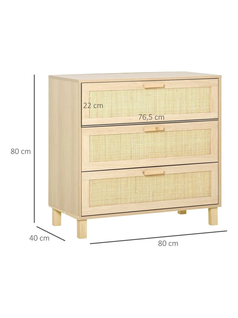 Commode 3 tiroirs cannage en rotin MDF aspect bois clair   Beige