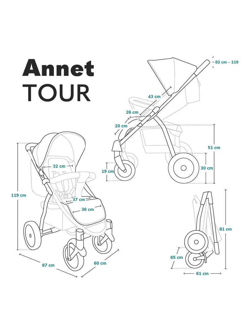 LIONELO Annet Tour   Poussette canne universelle   Jusqu'à 22 kg   Vert   Noir Vert Noir