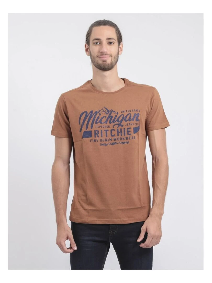 T shirt col rond pur coton JOULTIX Marron glacé