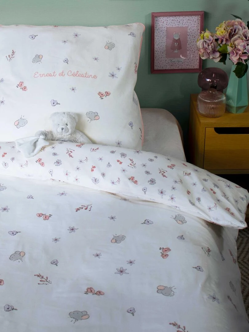 Parure de lit imprimée 100% coton ERNEST ET CELESTINE JARDIN Blanc