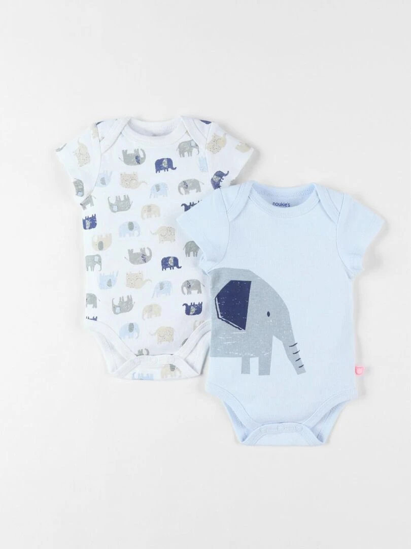 Set de 2 bodies éléphants en coton écru/bleu ciel Noukie's Blanc