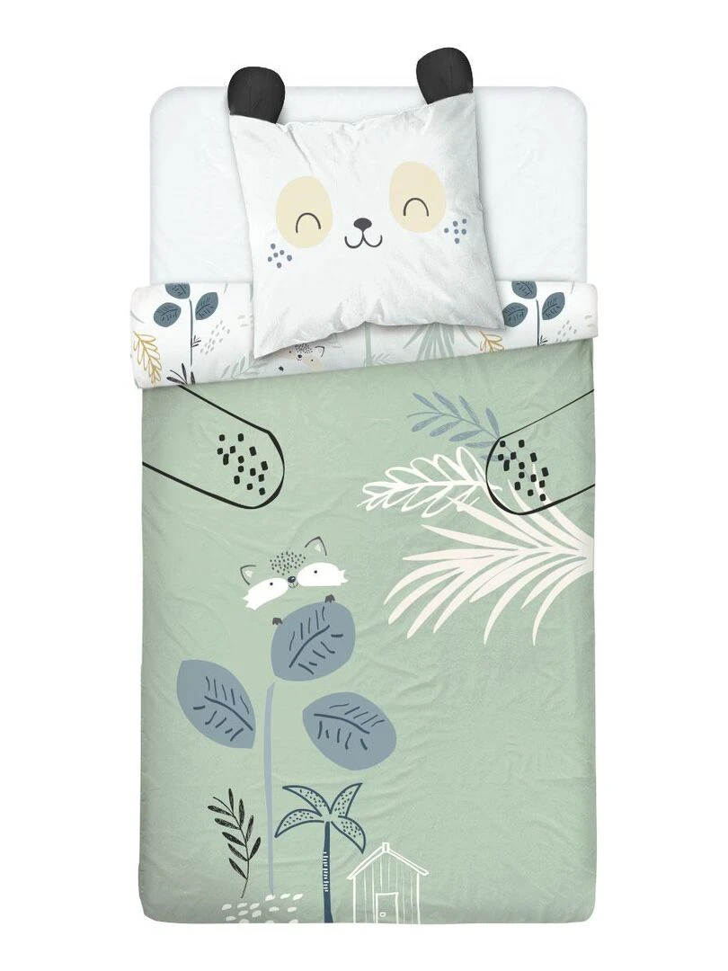 Housse de couette enfant + taie d'oreiller Mini Panda Vert