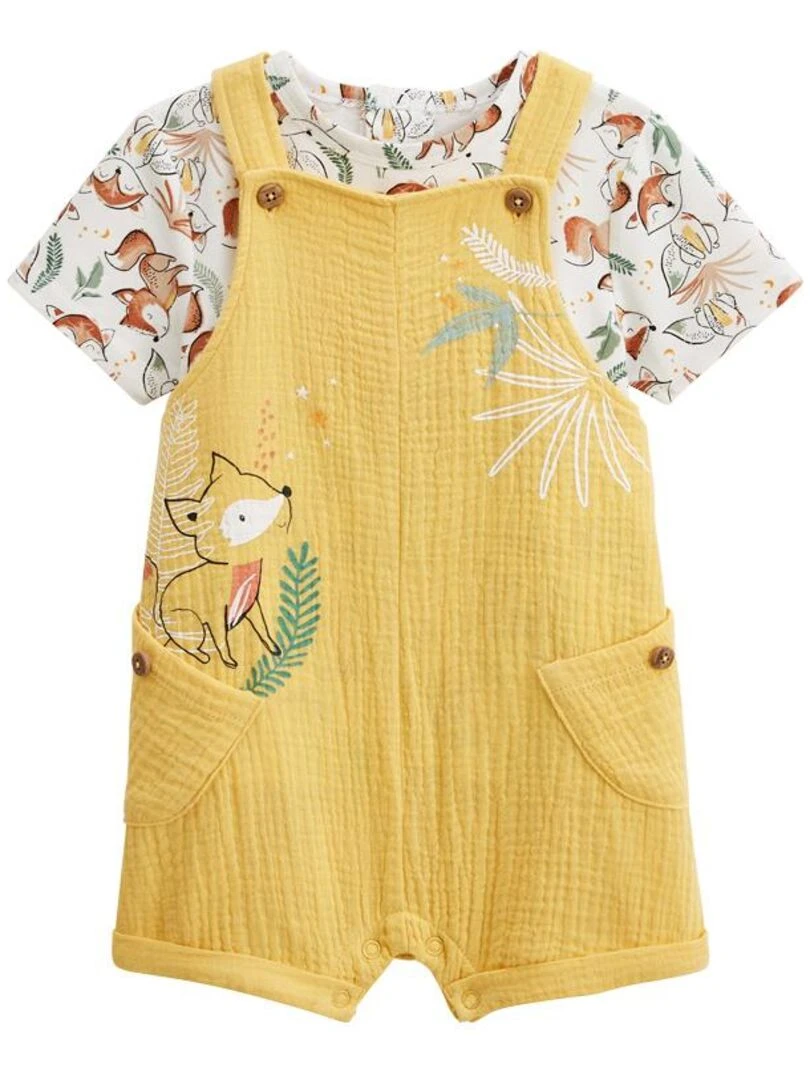 Ensemble salopette bébé en gaze de coton et t shirt Petit Envahisseur Jaune