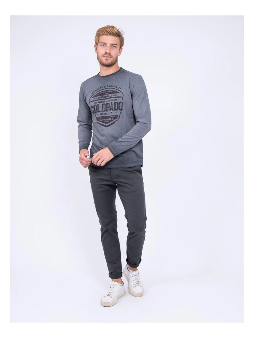 T shirt manches longues col rond pur coton JUMIXO   gris anthracite
