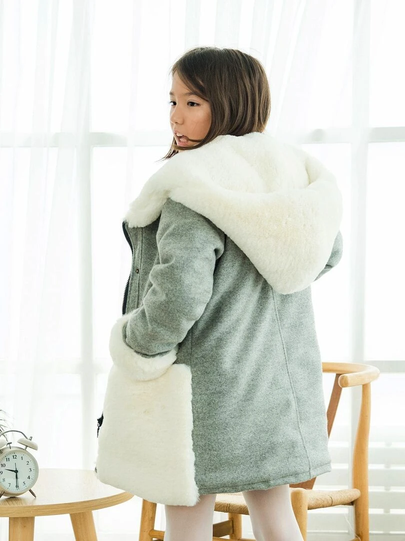 Manteau Laine Fille Gris Souris Fausse Fourrure Beige MIMI OURS 'LA FAUTE A VOLTAIRE' Gris clair
