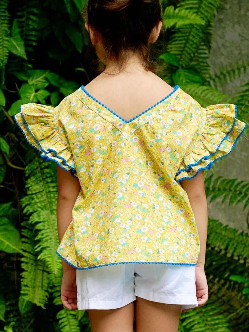 Blouse Fleurie Fille Jaune Bleu Manches Papillons BUTTERFLY 'LA FAUTE A VOLTAIRE' Jaune