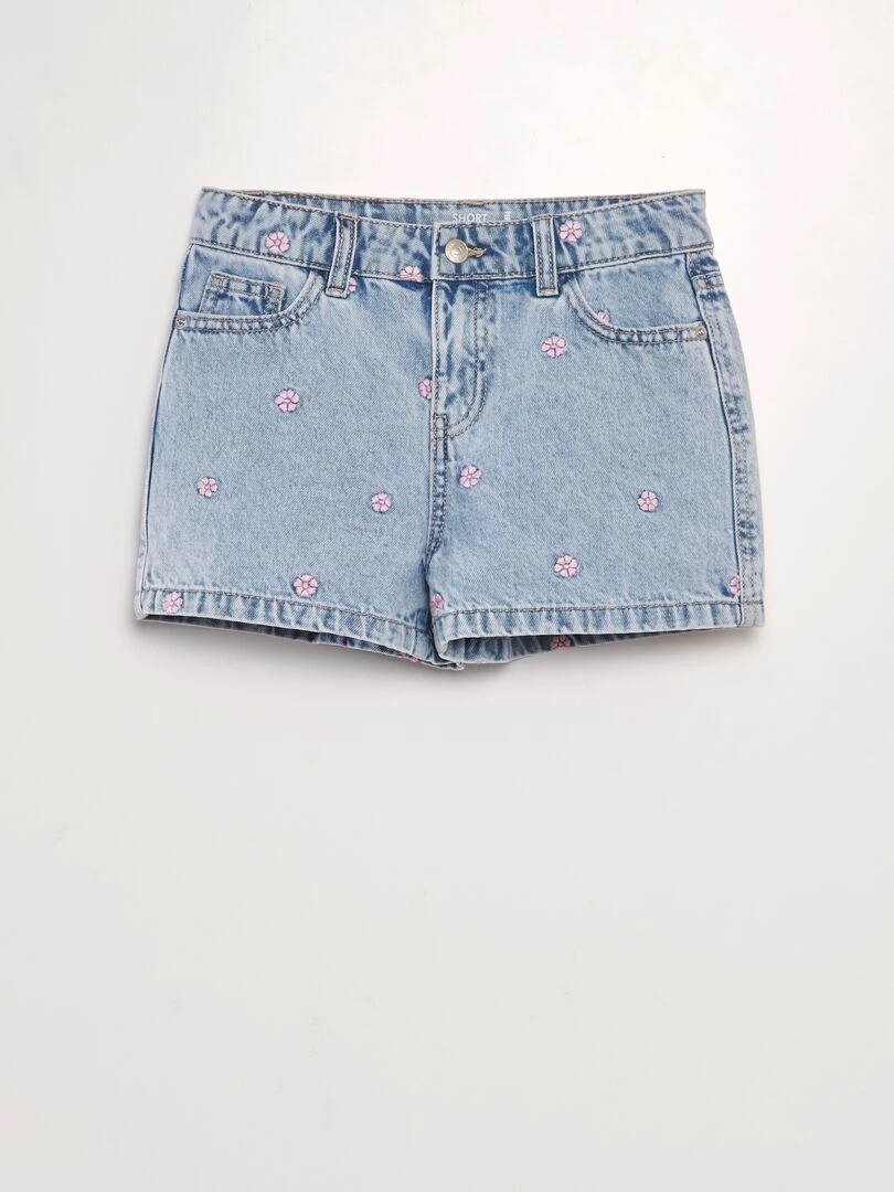 Short en jean à broderies Fleurs roses