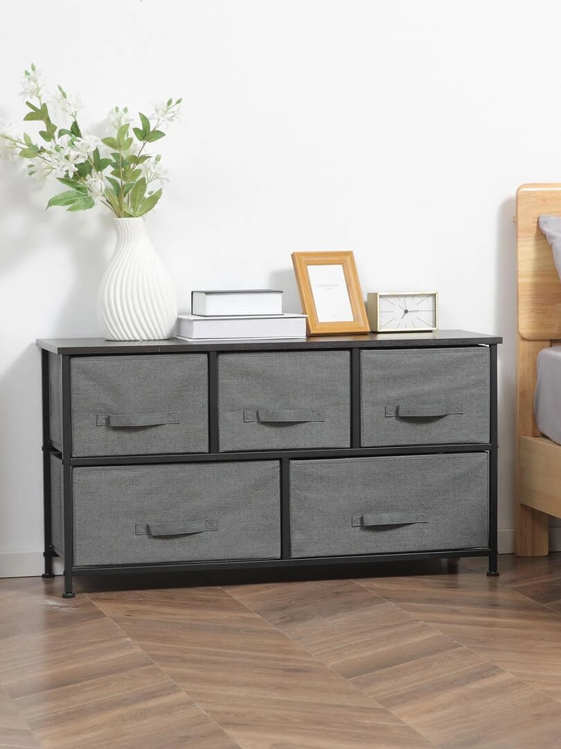 Commode 5 tiroirs non tissés anthracite métal noir plateau MDF aspect bois gris anthracite