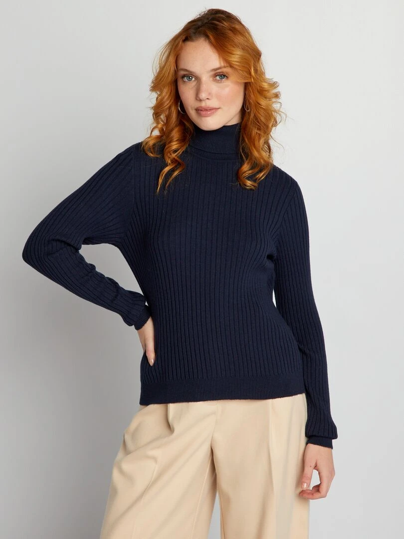 Pull côtelé à col montant   Bleu marine