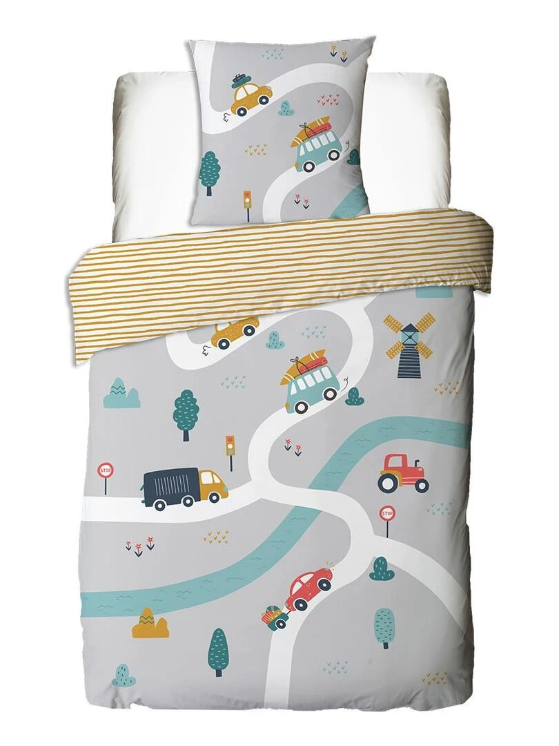 Future Home   Parure de lit enfant en coton 57 fils imprimé gris et curry   Gris