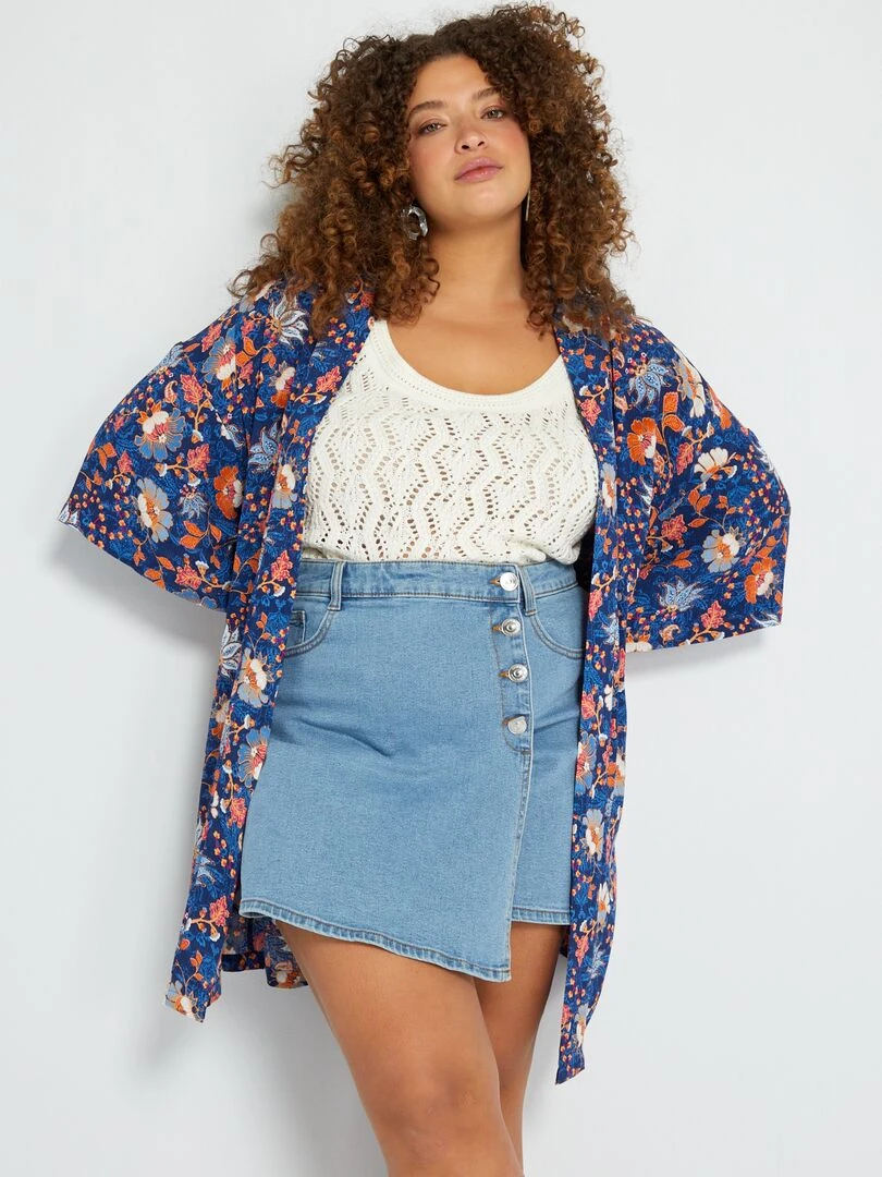 Kimono imprimé en matière crêpée Bleu