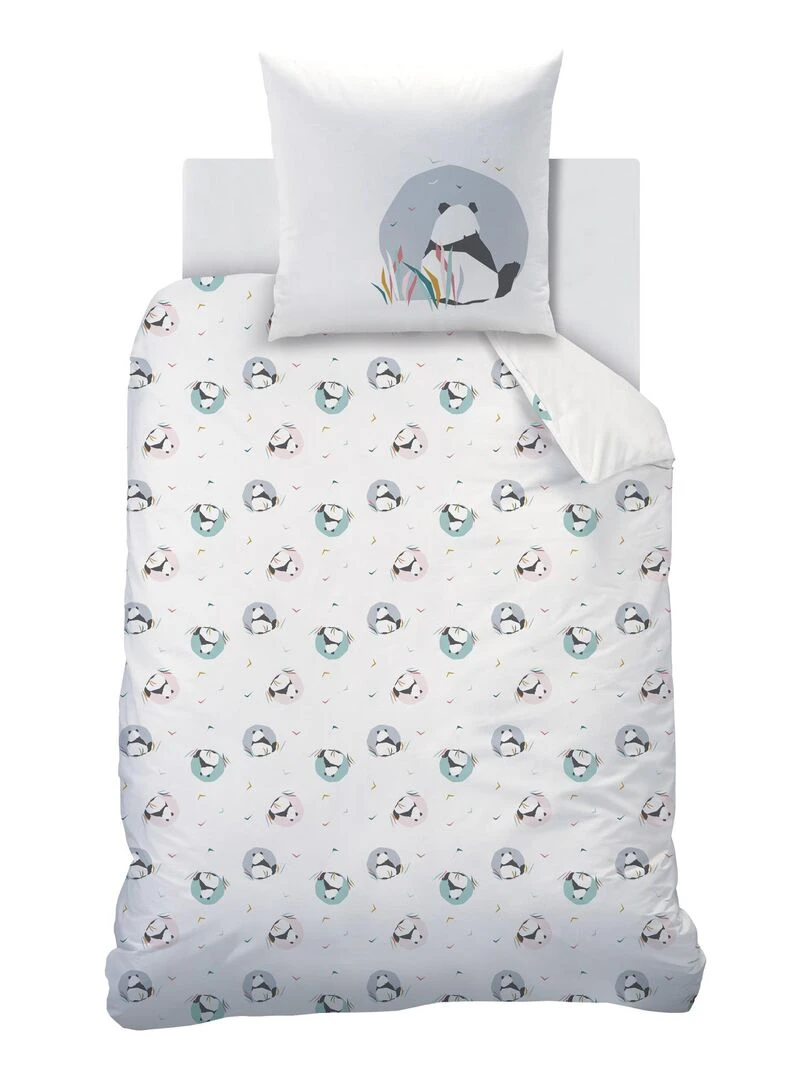 Parure de lit imprimée 100% coton  PANDA   Blanc