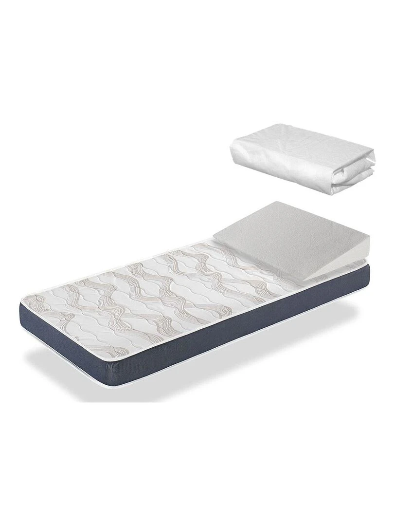 Pack matelas bebe BABY BLEU H14cm + plan incliné 15º + protège matelas Blanc Bleu