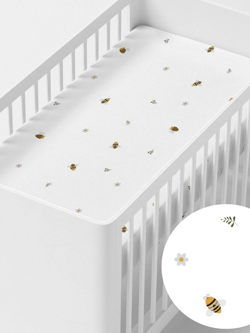 Drap housse Honey Lit Bébé "Happyfriday" Blanc