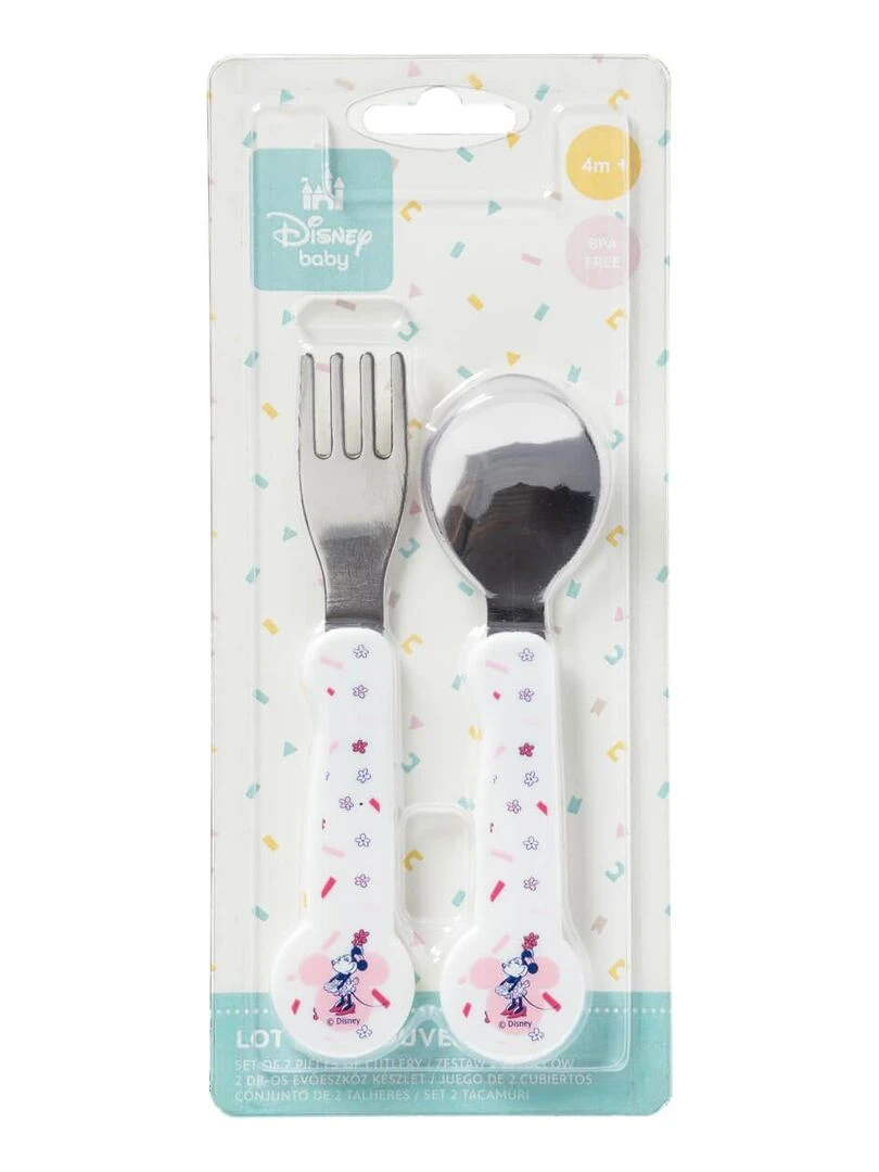 2 Couverts bébé Minnie Confettis Blanc Rose