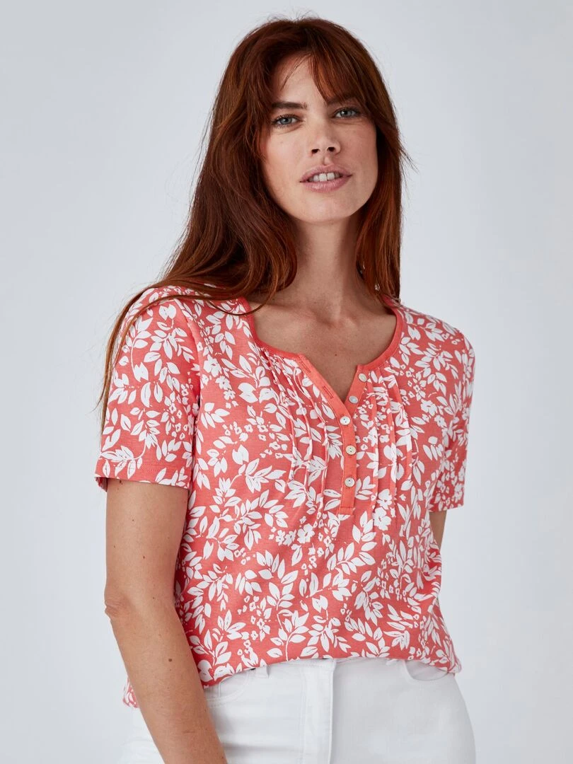 T shirt fine côte pur coton Damart Orange corail