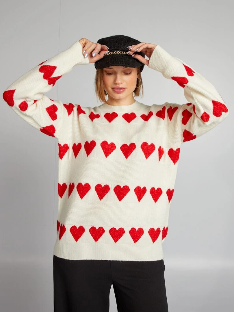 Pull en maille 'cœur'   Blanc/rouge