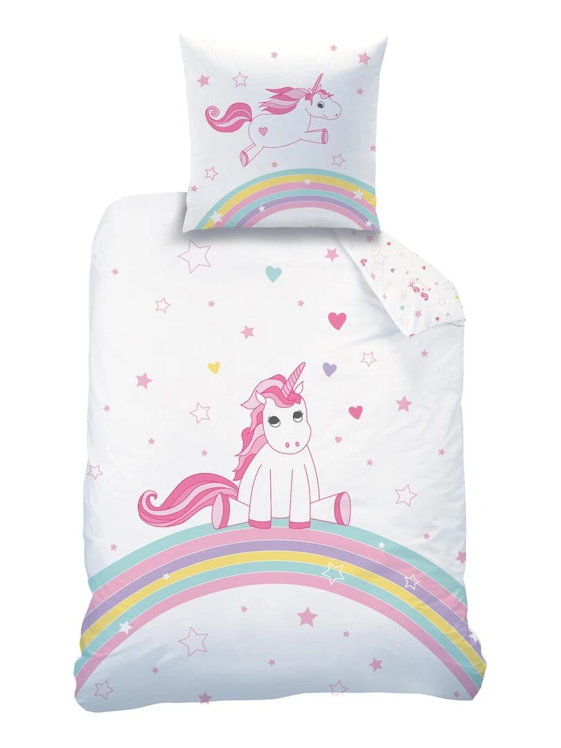 Parure de lit imprimée 100% coton  LICORNE   Rose