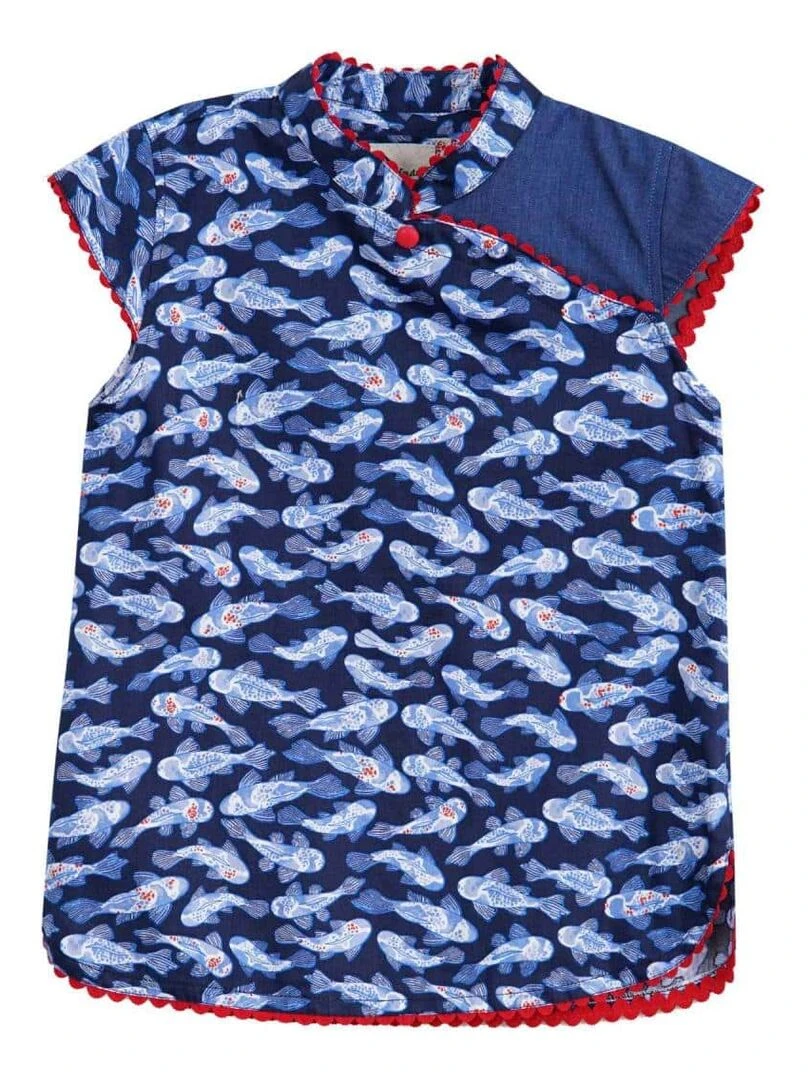 Blouse chinoise     poissons khoi   ANNAM   'LA FAUTE A VOLTAIRE'   Bleu
