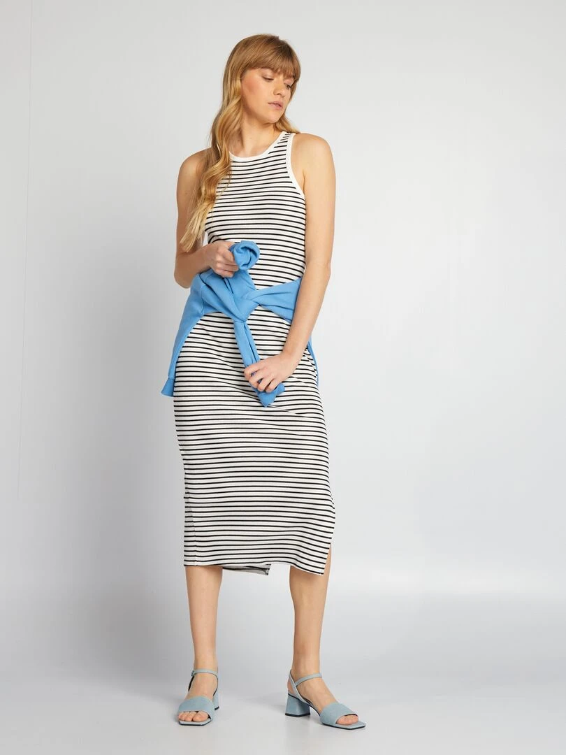 Robe longue en maille côtelée Blanc rayé