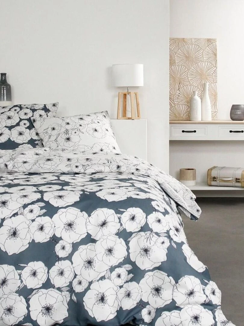 Housse de couette Sunshine Fleur bleue + taie(s) 100% coton 57 fils Blanc