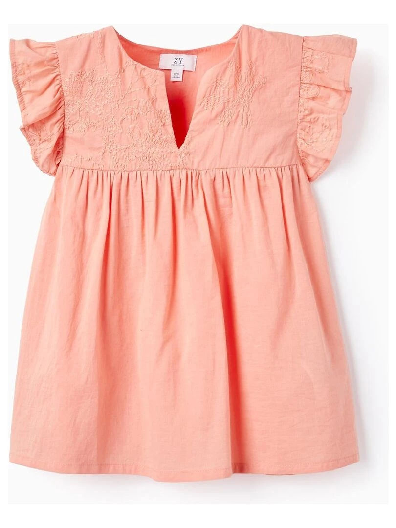 Tunique En Coton Avec Broderies Et Volants Pour Fille manches courtes Rose