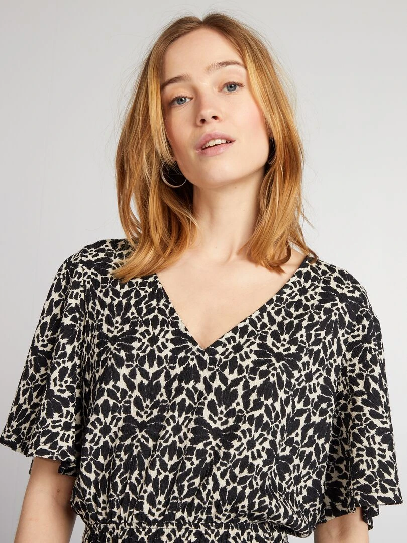 Robe courte imprimée à volant Noir imprimé