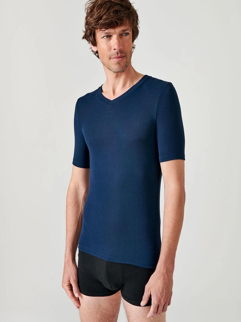 T shirt col V manches courtes fine côte Thermolactyl Sensitive Damart Bleu marine