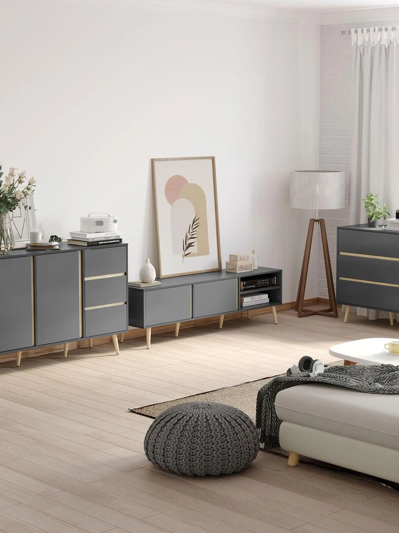 Commode 3 tiroirs design scandinave gris aspect bois clair Gris