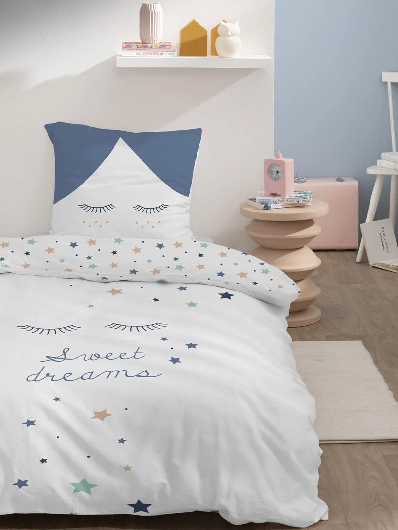 Parure de lit imprimée 100% coton SWEET DREAMS Blanc Bleu