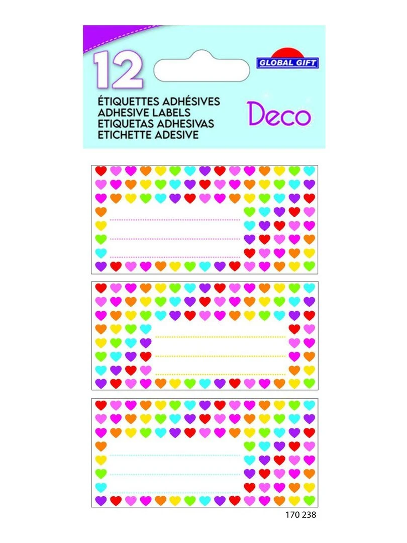 12 étiquettes adhésives scolaires Rectangle Petits cœurs multicolores N/A