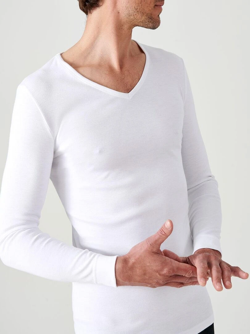 T shirt col V maille interlock Thermolactyl Damart Blanc