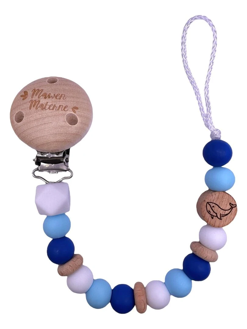 Attache tétine bois et silicone 'Baleine' Bleu