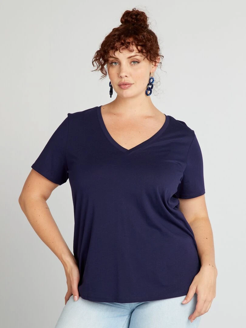 T shirt en jersey à col V   Bleu marine