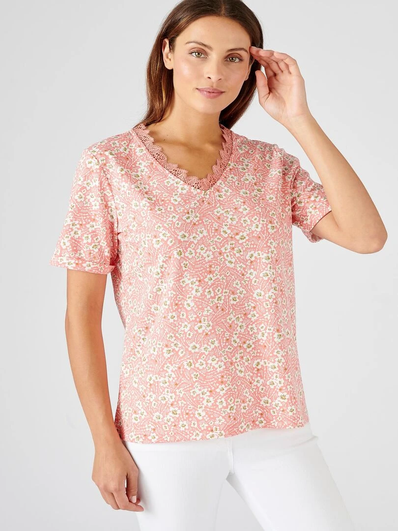 Tee shirt imprimé détails dentelle Damart Orange corail
