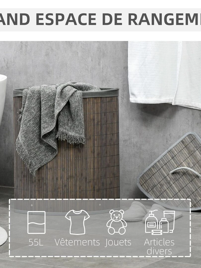 Panier à linge d'angle 55 L bambou housse tissu   Gris