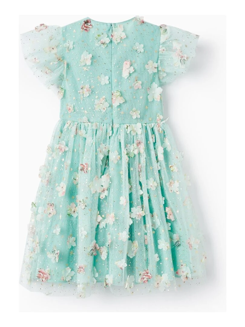 Robe en Tulle et Fleurs pour Fille manches courtes CÉRÉMONIE Vert