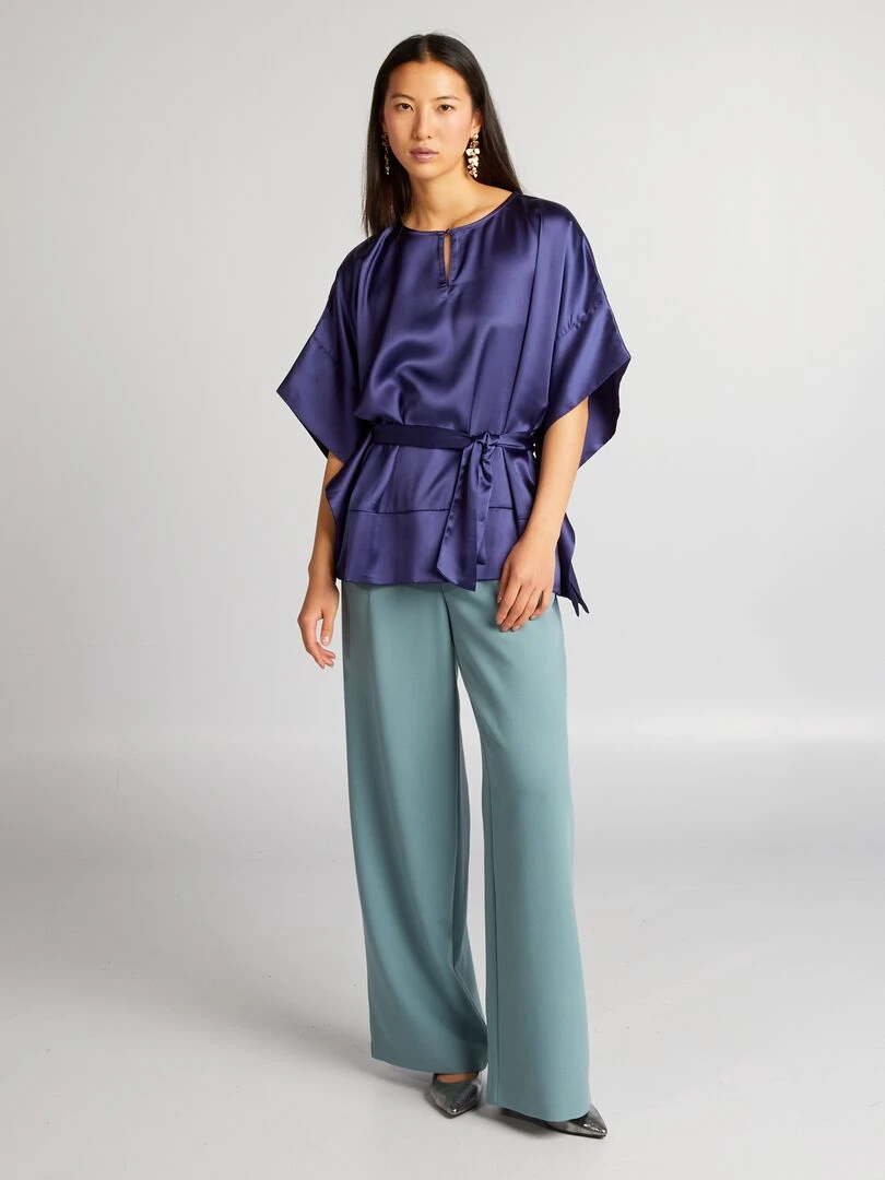 Blouse sans manches unie et satinée Bleu