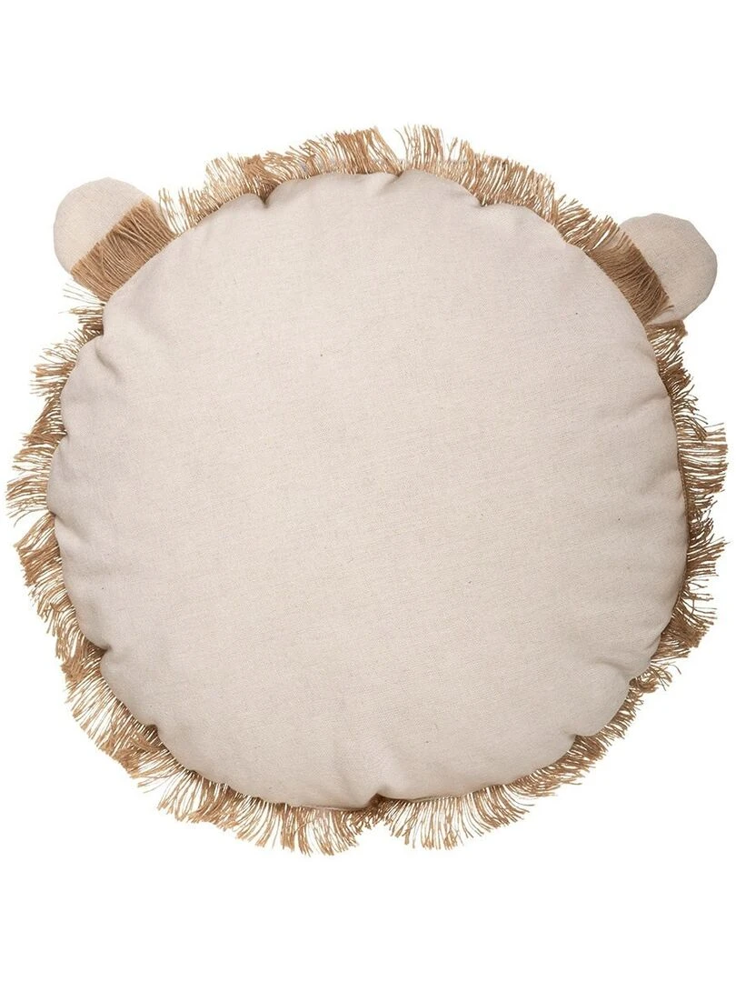 Coussin rond lion franges 38 cm   Beige