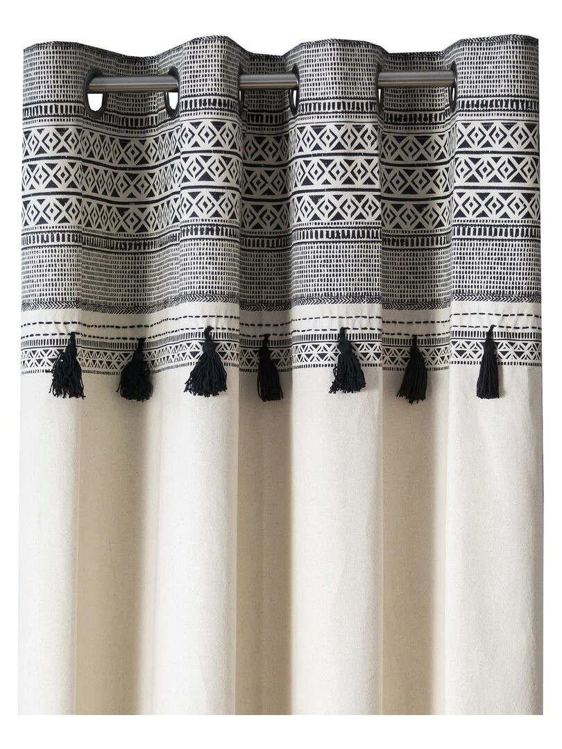 Rideau en coton avec œillets et pompons imprimé AFRICA 'Deko&co' Blanc Gris Noir