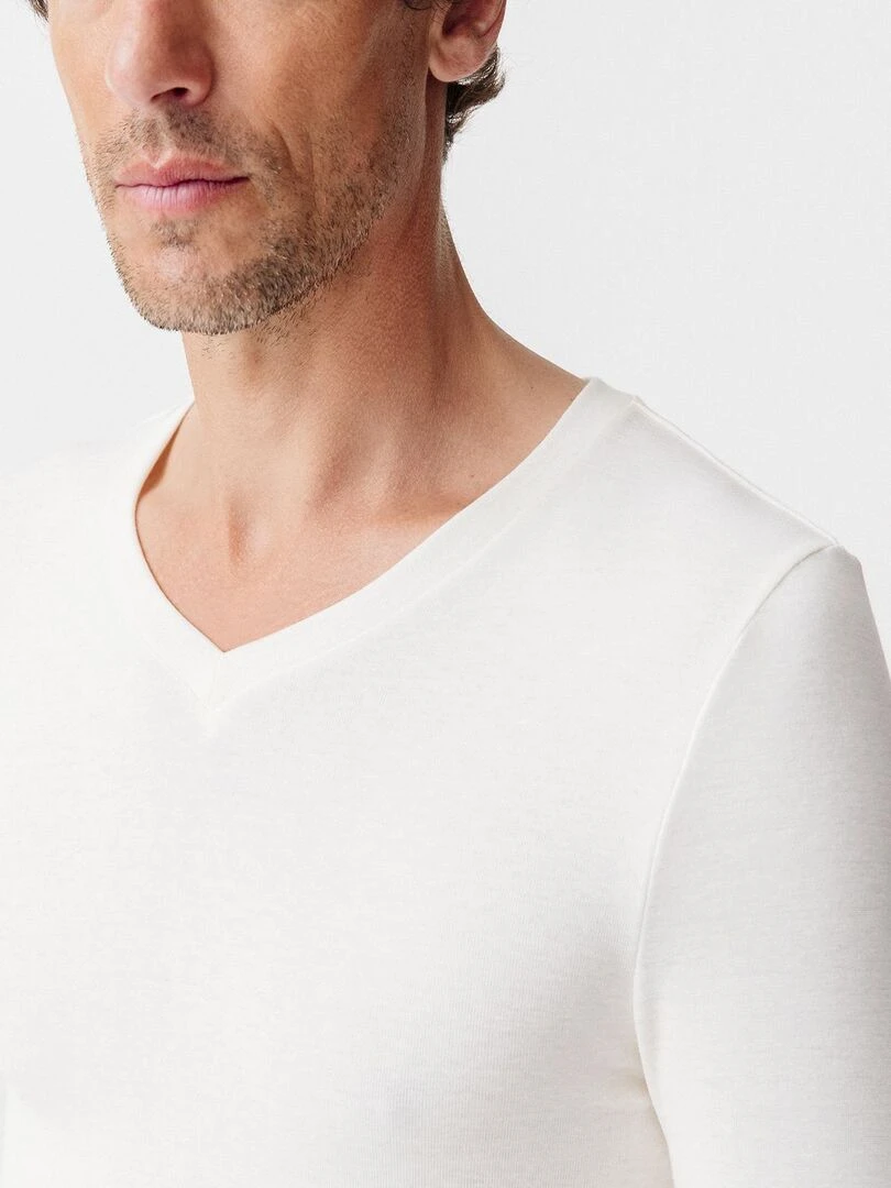 T shirt col V manches longues fine côte Thermolactyl Sensitive   Damart   Blanc