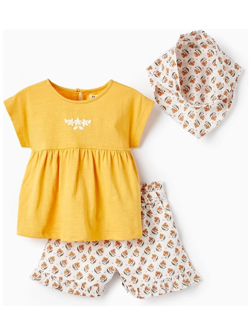 T Shirt + Short + Foulard Pour Bébé Fille Jaune