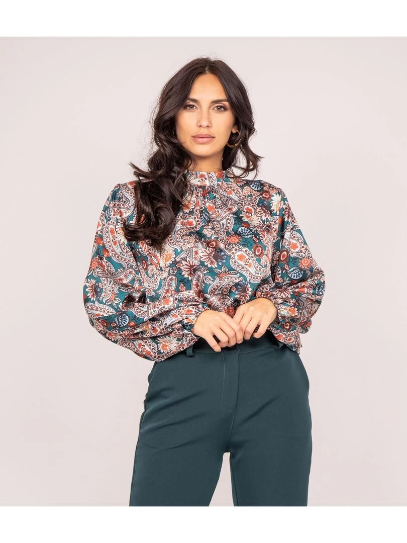 Blouse fluide motifs FABUS Bleu canard