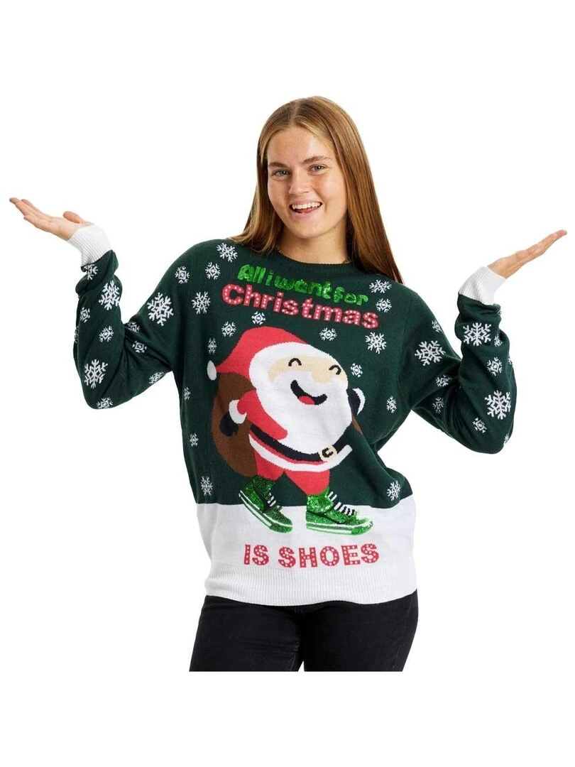 Pull de Noël "Père Noël en basket" Vert