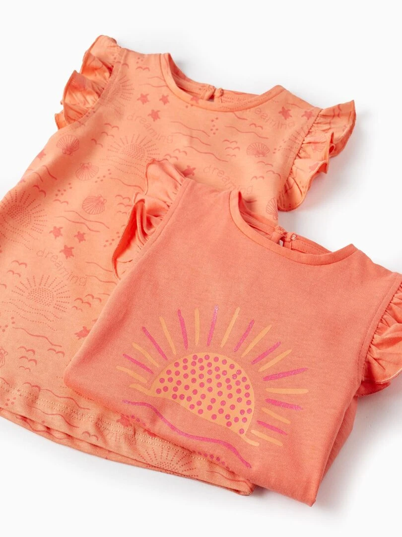Pack 2 T Shirts En Coton Et Sans Manches Pour Bébé Fille 'Soleil' manches courtes   Blanc Orange clair