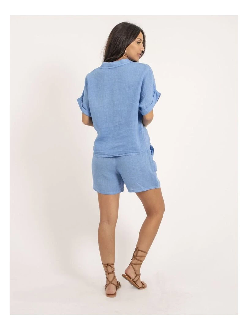 Short taille haute lin XANGA Bleu